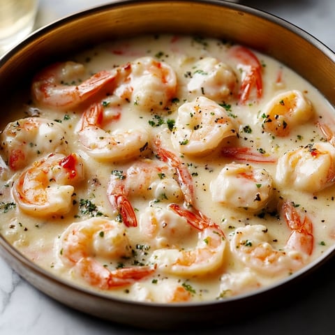 A bowl of shrimp and cream sauce.