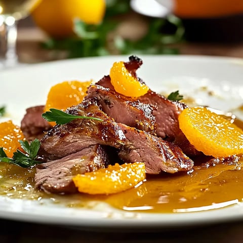 A plate of meat with oranges on top.