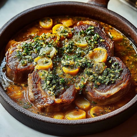A dish of meat with gremolata and orange slices.