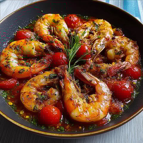 A bowl of shrimp and tomatoes.