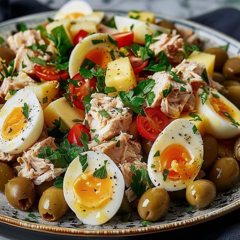 A plate of food with eggs, tomatoes, and potatoes.