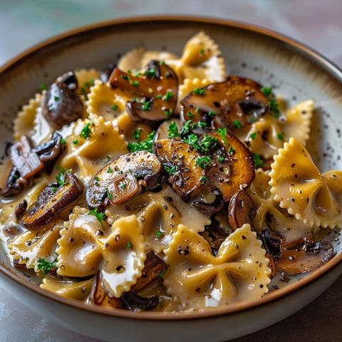 A bowl of pasta with mushrooms and herbs.