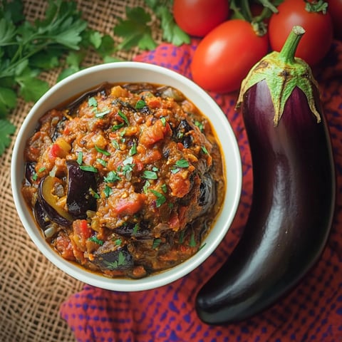 A bowl of Zaalouk marocain with a green vegetable.